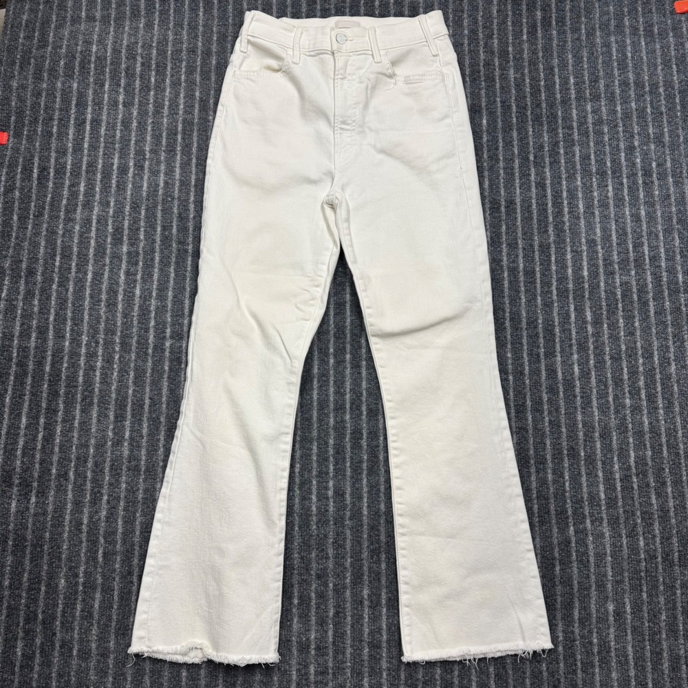 Mother Womens The Hustler Ankle Fray Jeans 27 White High Rise Flare Raw Hem